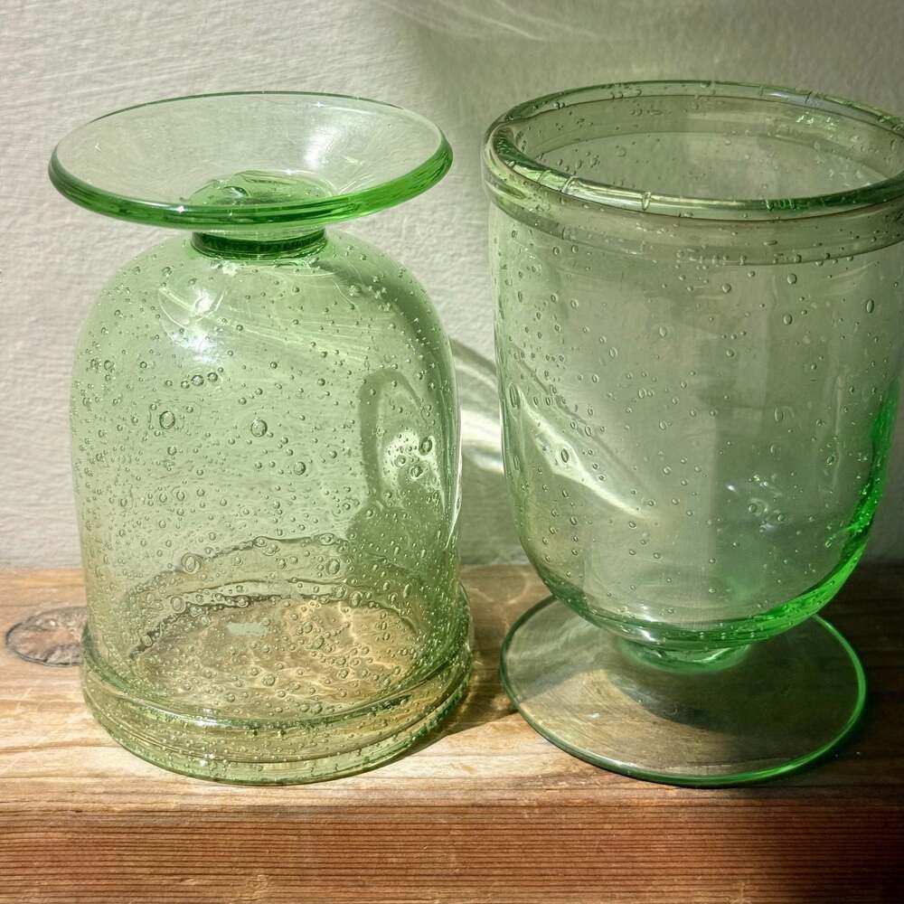 Vintage Hand Blown Green Bubble Glass Footed Goblets / Drinking Glasses
